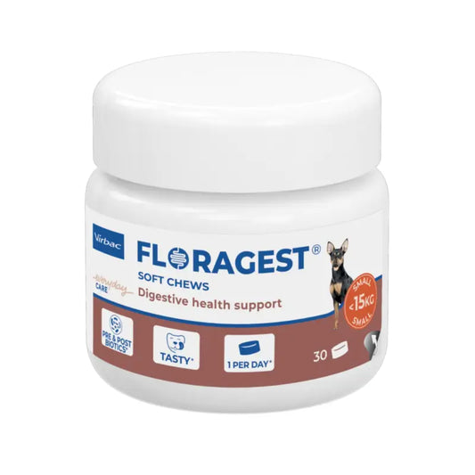 Virbac Floragest® Soft Chews – doplnok stravy na podporu trávenia pre malé psy, 1 balenie s 30 žuvačkami