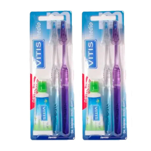 VITIS Kefka so strednými štetinami + pasta proti zubnému kazu, balenie 2 x 15 ml